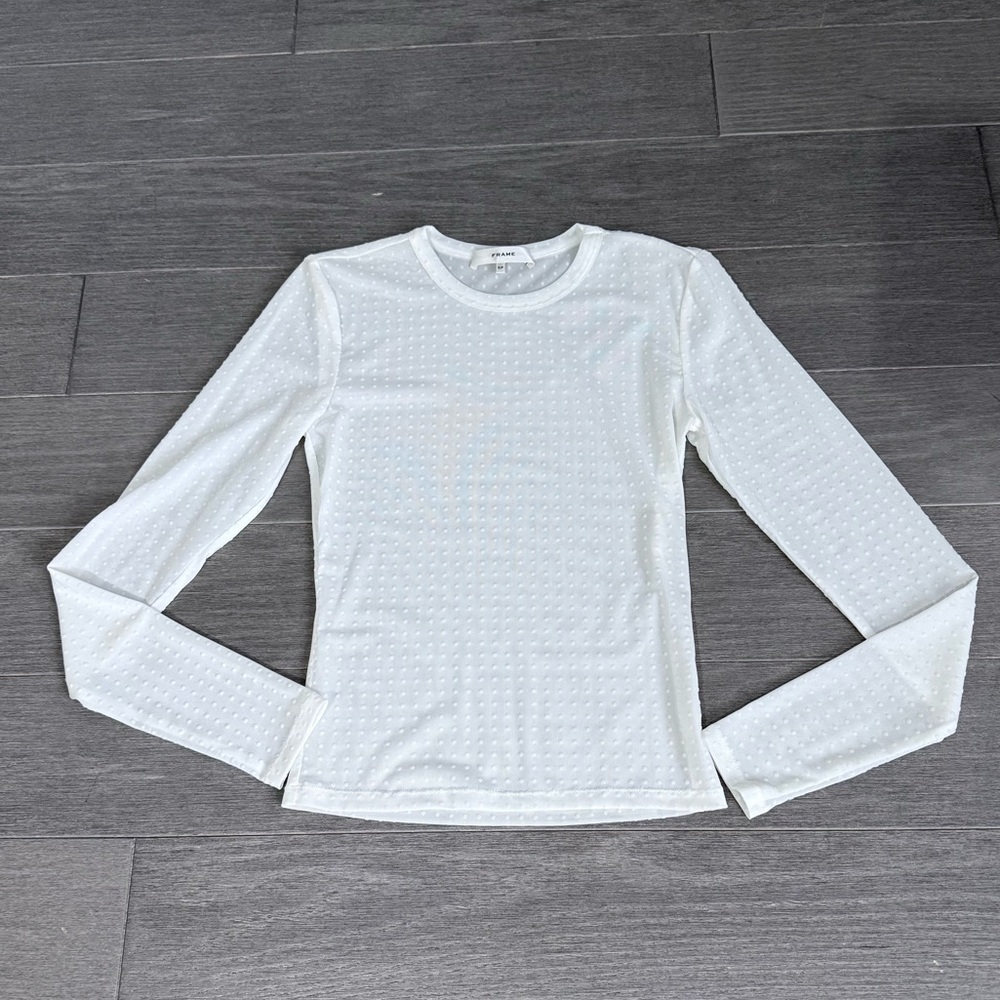 Frame The Mesh Polka Dot Top in Cream Off White S Sheer Cewneck Long Sleeve $278 - Picture 15 of 16